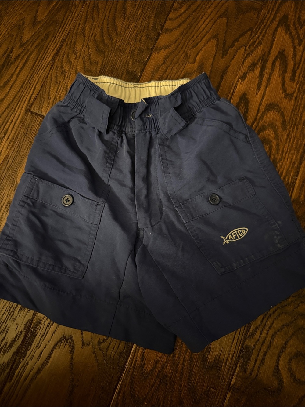 AFTCO Navy Kids Cargo Shorts with Cream Waist Lining